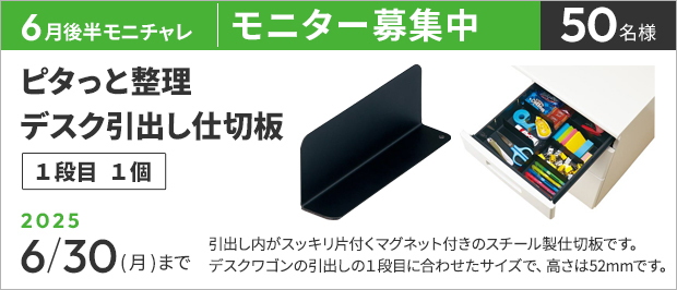 抽選で50名様。 応募の締め切りは6月30日(月)まで。ピタっと整理 デスク引出し仕切板 1段目の画像。商品の特長は、引出し内がスッキリ片付くマグネット付きのスチール製仕切板です。デスクワゴンの引出しの1段目に合わせたサイズで、高さは52mmです。