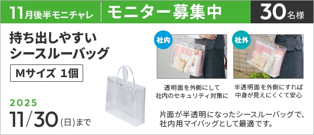抽選で３０名様。　応募の締め切りは１０月３１日（金）まで。持ち出しやすいシースルーバッグ　Ｍサイズ　の画像。商品の特長は、片面が半透明面になったシースルーバッグです。半透明面を外側にすれば、貴重品などの中身も丸見えにならず分かりにくくなっています。
