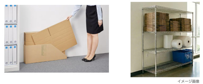 オフィスで女性が段ボール箱を保管場所からとろうとしている画像とスチールラックに段ボール箱やロール状の梱包材が収納されている画像