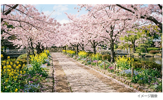 満開の桜並木が続く石畳の遊歩道と、両脇に黄色い菜の花や青紫の花が咲き誇る春の公園の画像