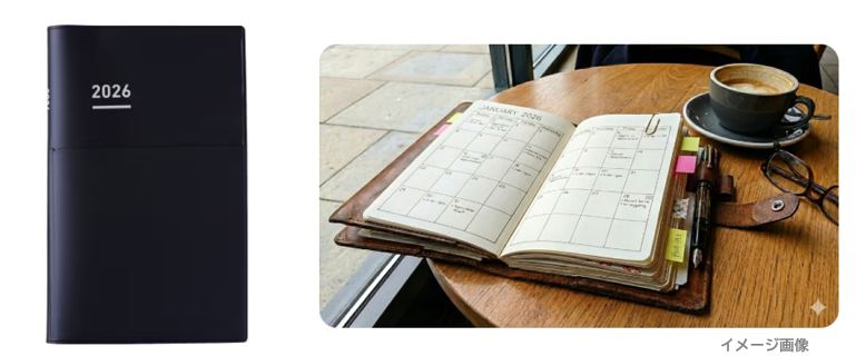 左側に「2026」と白文字で記された黒の手帳の表紙、右側にカフェのテーブルで開かれた革カバー付きの手帳のイメージ画像。手帳の見開きは2026年1月のマンスリーカレンダーになっており、傍らにはコーヒー、眼鏡、万年筆が置かれている画像