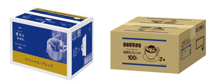 2種類の日本のドリップコーヒー100袋入り大容量ボックス。左側は、上部と側面に濃い青色のデザイン、下部に黄色の帯があり、コーヒーカップのイラストが描かれた「ちょっと贅沢な珈琲店」のスペシャル・ブレンド。右側は、茶色の段ボール地にドトール(DOUTOR)のロゴとコーヒーカップのイラストが黒で印刷された、シンプルで業務用のようなデザインの深煎りブレンド