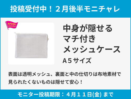 中身が隠せるマチ付きメッシュケース A5サイズのモニター投稿受付中!