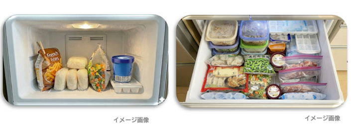 冷凍庫の中に食品やアイスクリームのカップ、冷凍ご飯などが収納されている画像
