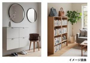 玄関の下駄箱の上やリビングの専用棚にバッグ・カバンを置いている画像