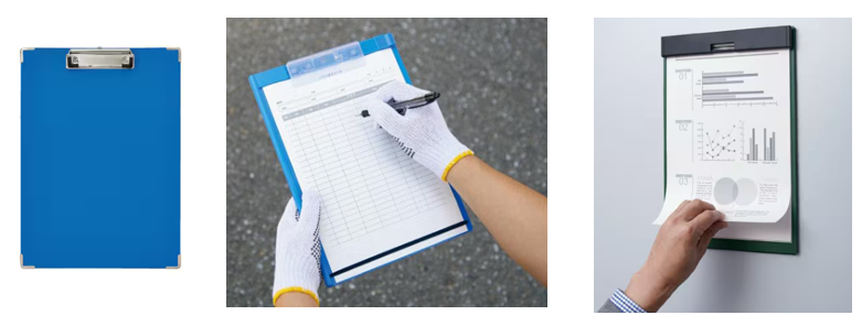 青いクリップボードの画像とチェックリストに記入している様子の画像とグラフ資料が挟まれたクリップボードを壁に掲示している画像