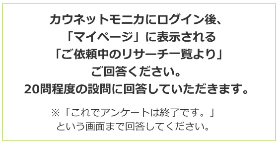 カウネットモニカにログイン後、「マイページ」に表示される「ご依頼中のリサーチ一覧より」ご回答ください。