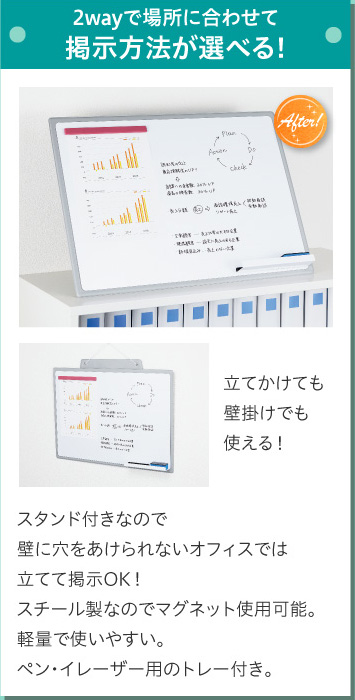 2wayで場所に合わせて掲示方法が選べる！