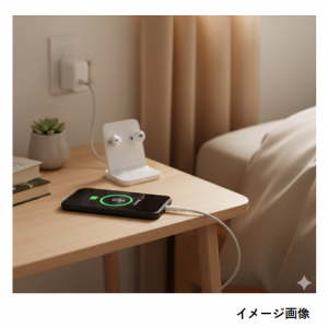 ベッドサイドテーブルにスマホを置いて充電している様子