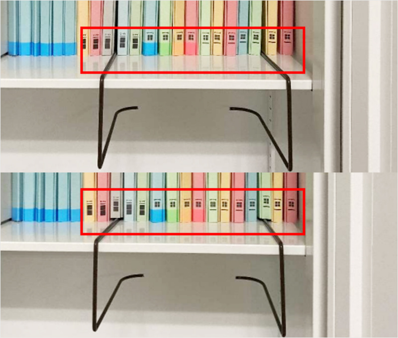 ファイルの間に差し込んだ状態（画像上）と、ファイルの下に差し込んだ状態（画像下）。丸棒を用いた場合、上段の収納物への影響が少ない。