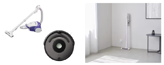 キャニスター型掃除機とロボット掃除機の画像と、白い壁際にスティック型コードレス掃除機が立てかけられている画像